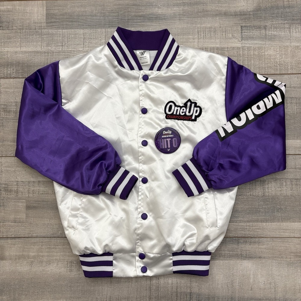 Varsity All Star National Champion Satin Jacket Purple White Youth M Cheerleader